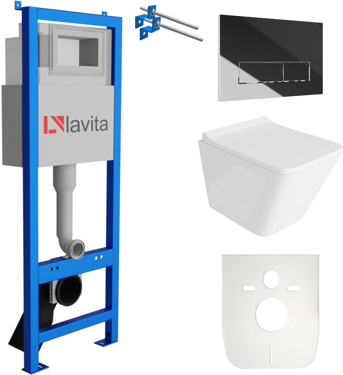 LAVITA® Inbouwreservoir Complete Toiletset LAV 101 - Inbouw WC Hangtoilet Wandcloset LAGO Wit Hoogglans - Bedieningsplaat 200.3.2 Chroom - Voorwandelement voor toilet 40cm - Installatiesysteem