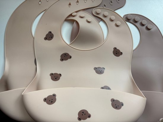 3 Stuks - Siliconen Slabbetjes met Opvangbak - Hartjes Beige Roestbruin van Smoosie — afbeelding 3
