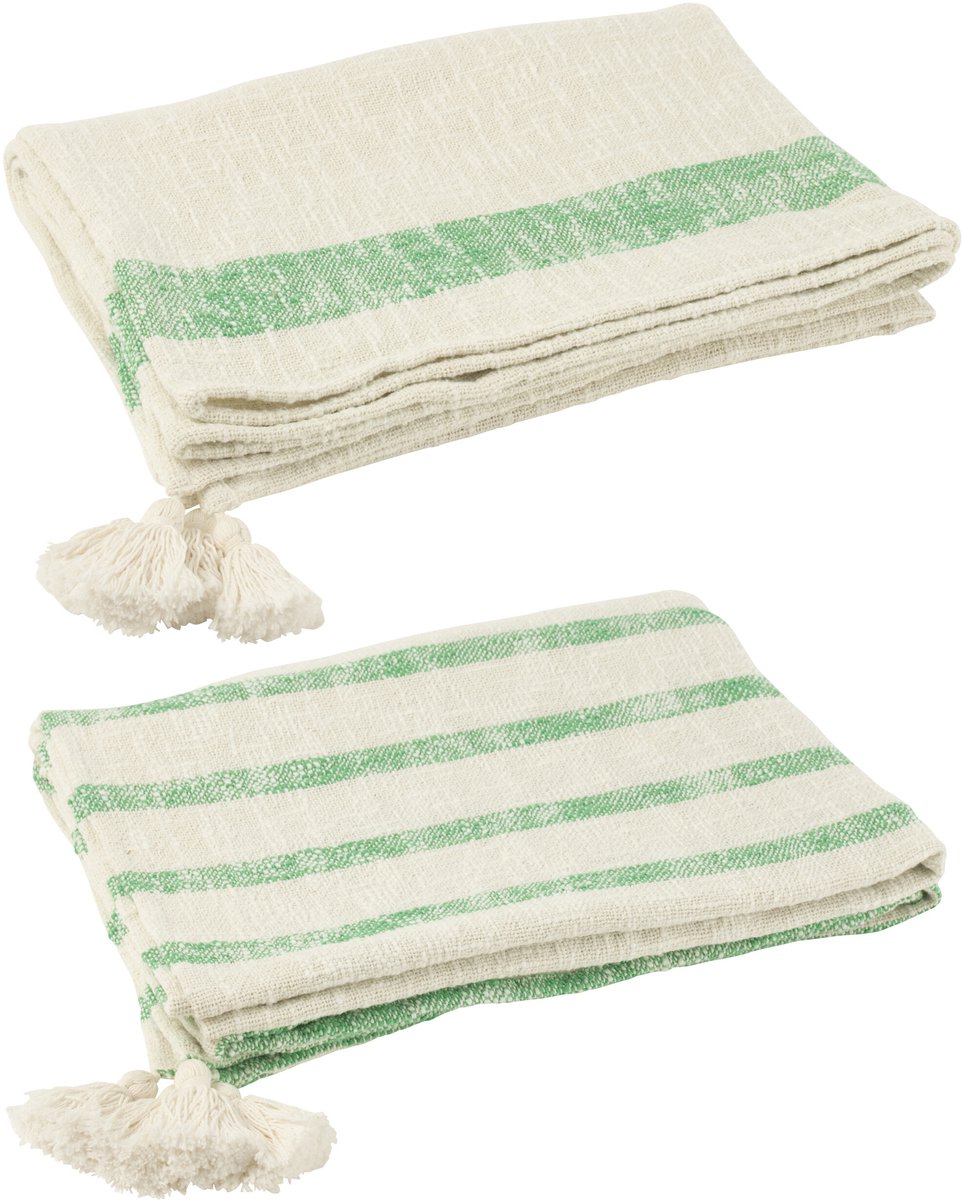 J-Line plaid Strepen + Kwasten - katoen - wit/groen - 2 stuks