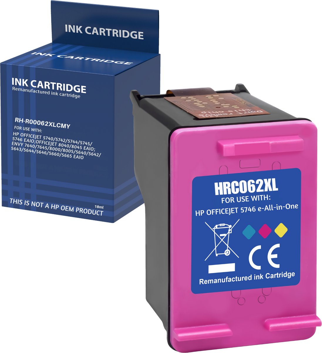 Inktcartridge geschikt voor HP 62XL kleur compatibel HP OfficeJet 200 5700 5740 5745 8040 Envy 5540 5545 5600 5660 5665 7600 7640 7645 8000 8005