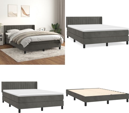vidaXL Boxspring avec matelas Velours Gris foncé 140x190 cm - Boxspring - Sommiers - Lit - Meubles de couchage
