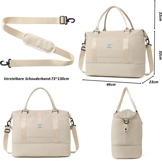 Sac de voyage TAN.TOMI - Sac de sport pour femme et homme - 46 x 23 x 32 cm - Avec housse Smart pour valise - Sac à Bagage à main - Avec compartiment à chaussures et bandoulière amovible - Beige
