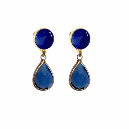 Clip oorbellen -Tulsa -blauw -goudkleurig- lang- Geen gaatje- Charme Bijoux