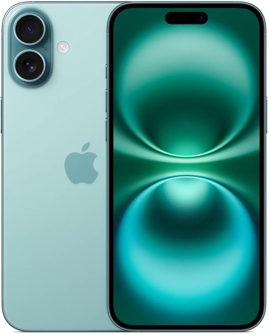 Groene iPhone met dubbele camera en Apple-logo, naast een met groen Dynamic Island.