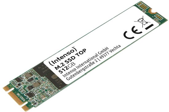 Intenso M.2 SSD TOP 512GB met gouden connectoren en CE-logo.