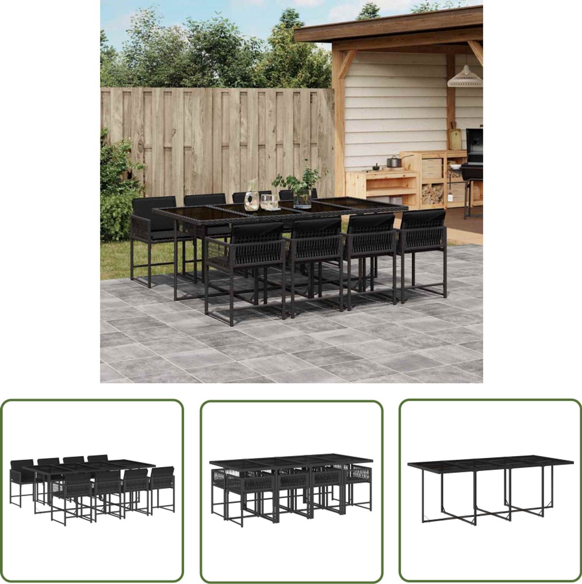 Zwarte poly rattan tuinset met eetkamer- en loungemeubels.