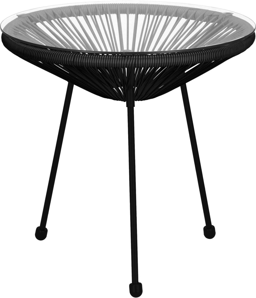 Springos Tuintafel - Draad - Rotan - Zwart - Rond - Glas - 50 Cm