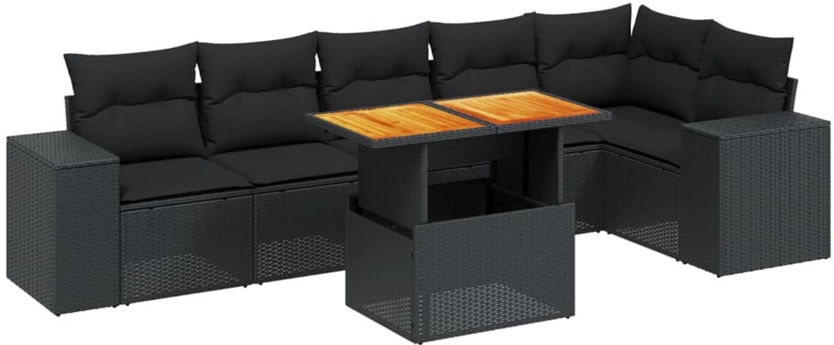 The Living Store 7-delige Loungeset met kussens poly rattan zwart - Tuin Lounge Set - Loungebank - Buitendiner - Tuinset - PE Rattan