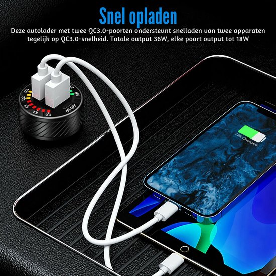 QC14 – 36W QC3.0 Dubbele Autolader - 12V/24V - Dual USB - LED Voltmeter - AAN/UIT Schakelaar - Snel Opladen