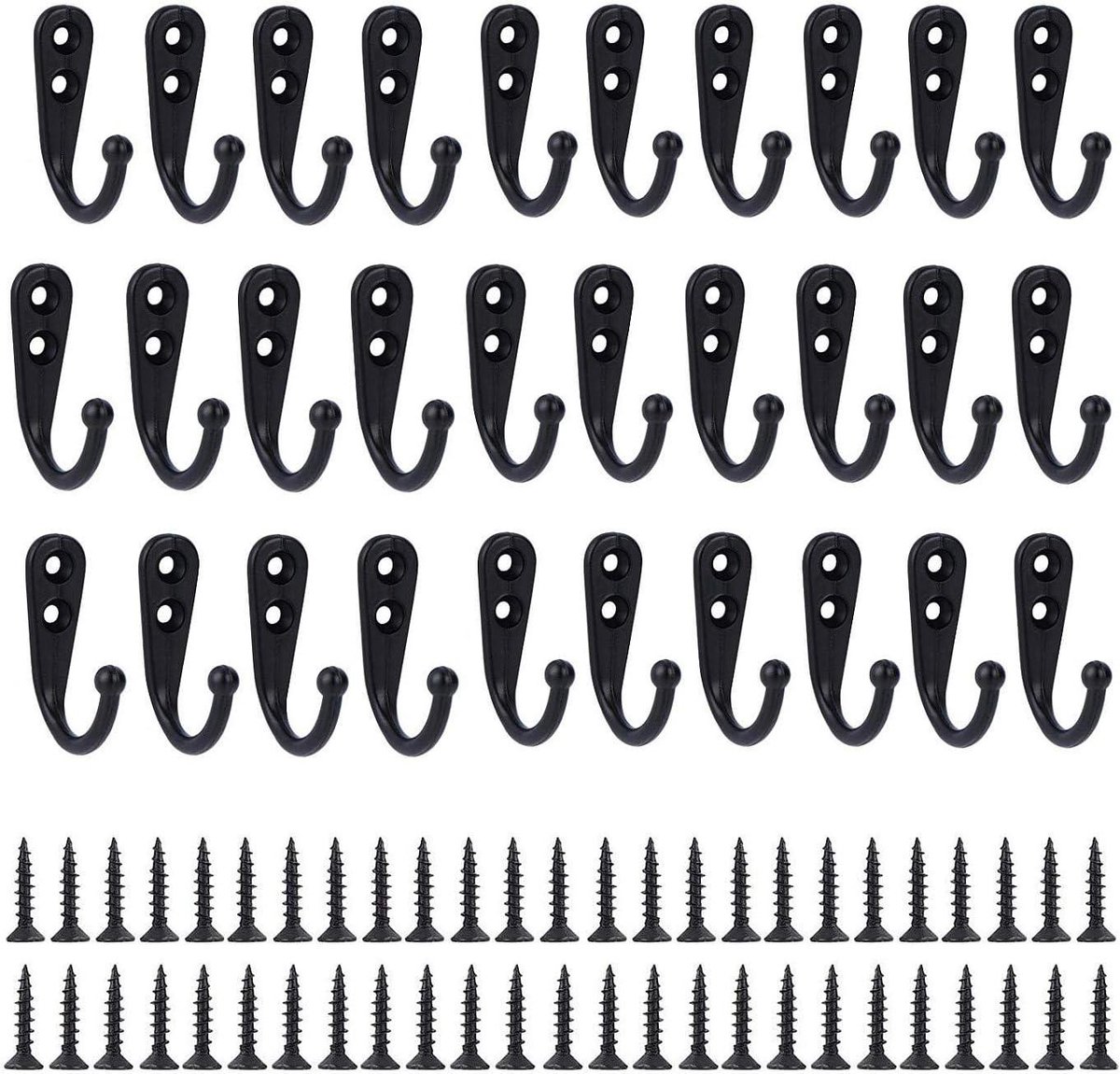 Zwarte metalen wandhaken - Set van 30 stuks met schroeven | Kapstokhaken voor kleding, mokken en handdoeken