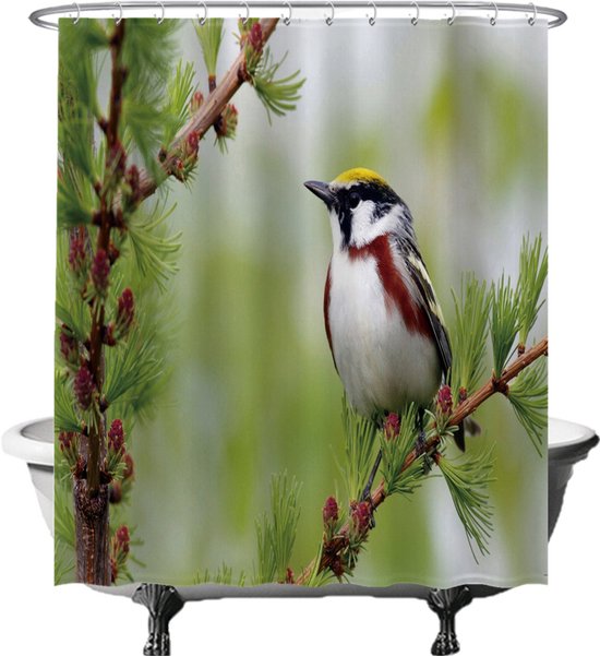 Ulticool Douchegordijn - Vogel op Tak Boom Natuur - 180 x 200 cm - met 12 ringen - Anti Schimmel - Waterdicht & Wasbaar - Semi Transparant - Groen