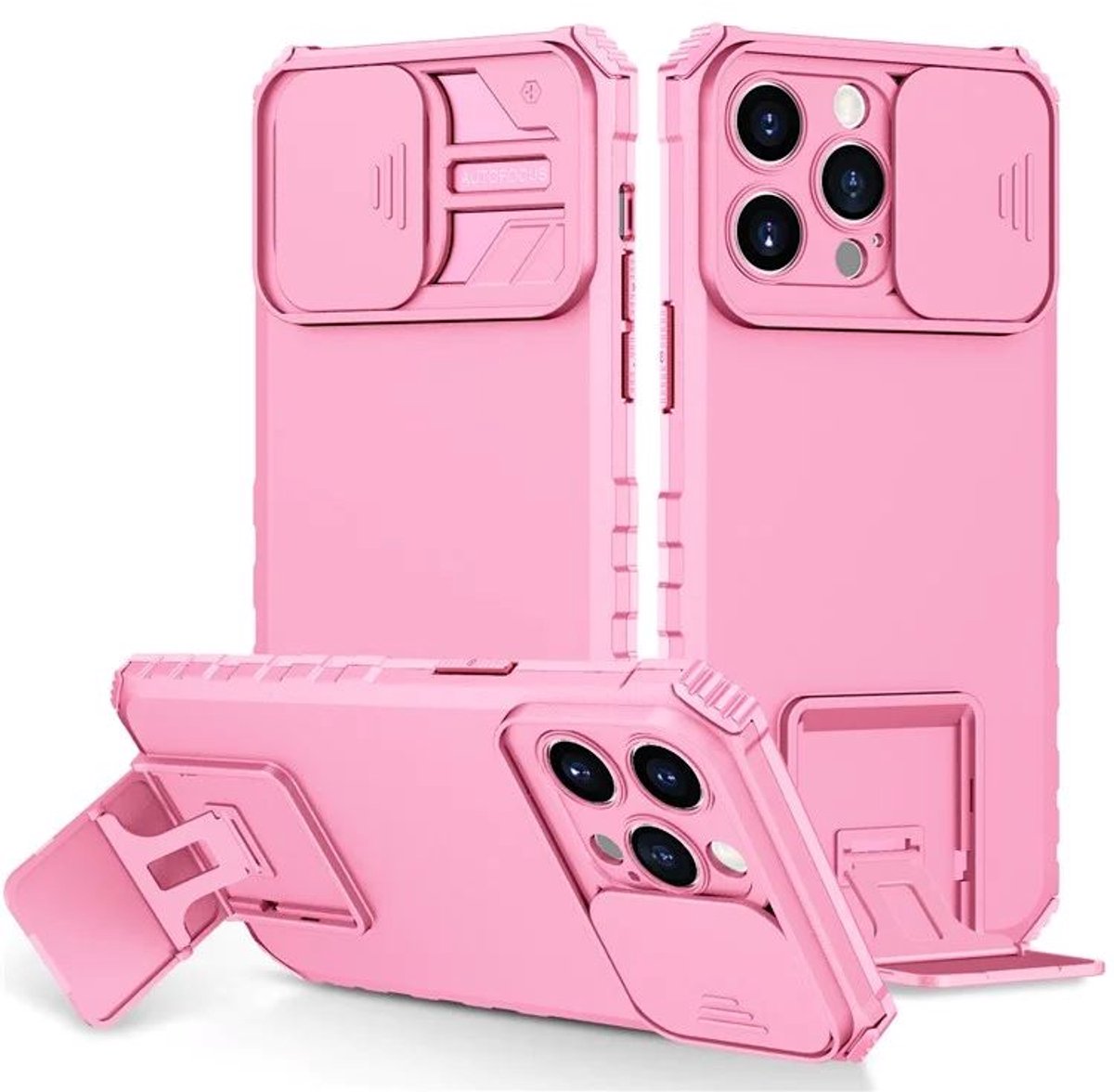 Cityhoesje - iPhone 15 Pro Max- Slide Camera Lid – BackCover - Anti-drop Kickstand - Roze