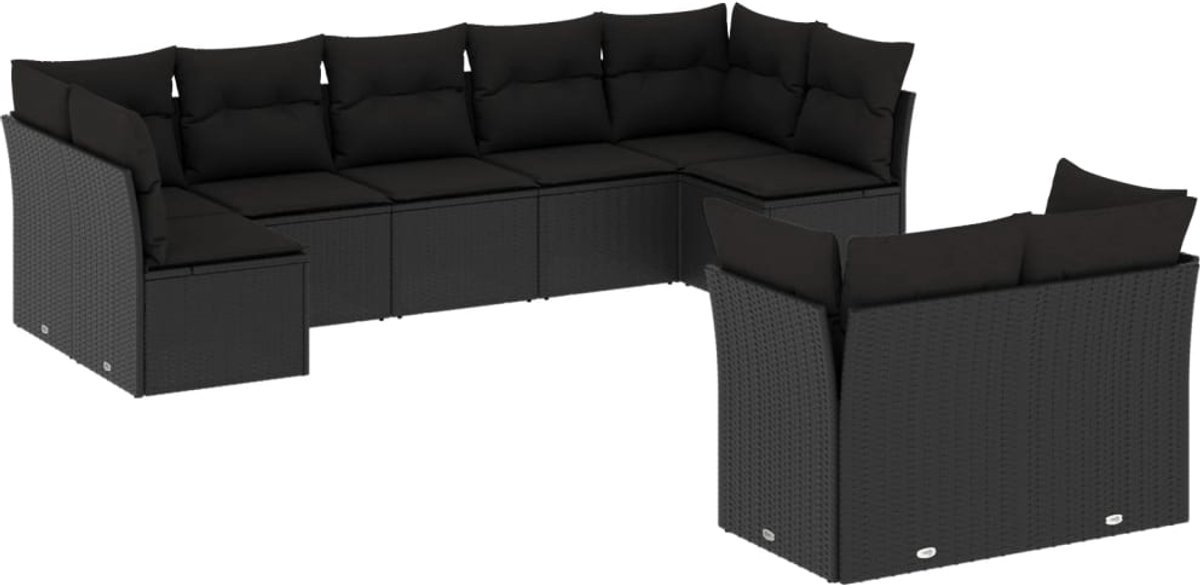The Living Store 9-delige Loungeset met kussens poly rattan zwart - Loungebank - Tuinset - Lounge Set - Buitendecoratie - Outdoor Furniture