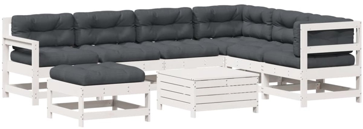 Witte loungeset van massief grenenhout met kussens - Tuinmeubelontwerp met comfort.