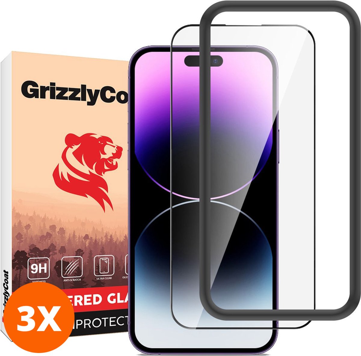 GrizzlyCoat Screenprotector geschikt voor Apple iPhone 14 Pro Glazen | GrizzlyCoat Easy Fit Screenprotector - Case Friendly + Installatie Frame (3-Pack)