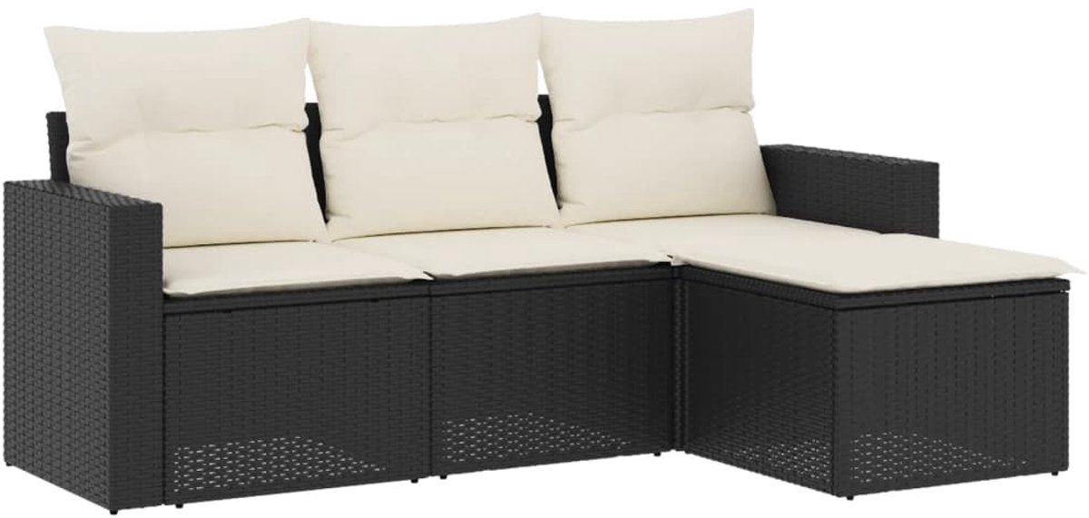 The Living Store 4-delige Loungeset met kussens poly rattan zwart - Loungeset - Tuinset - Lounge Set - Buitendecoratie - Tuinstoel