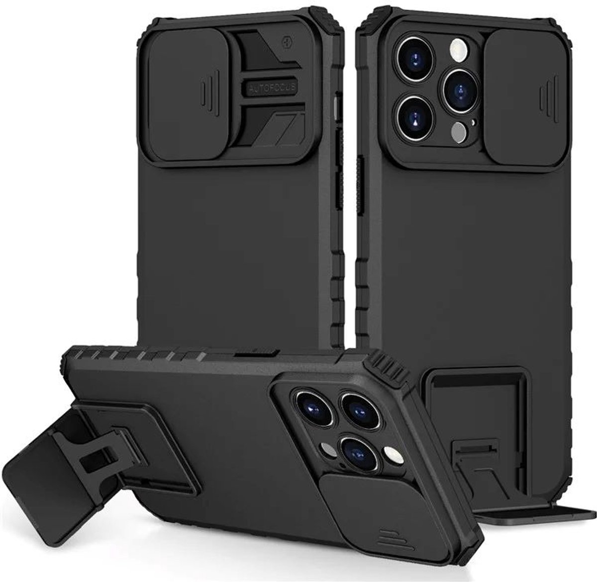 Cityhoesje - iPhone 15 Pro Max- Slide Camera Lid – BackCover - Anti-drop Kickstand - Zwart