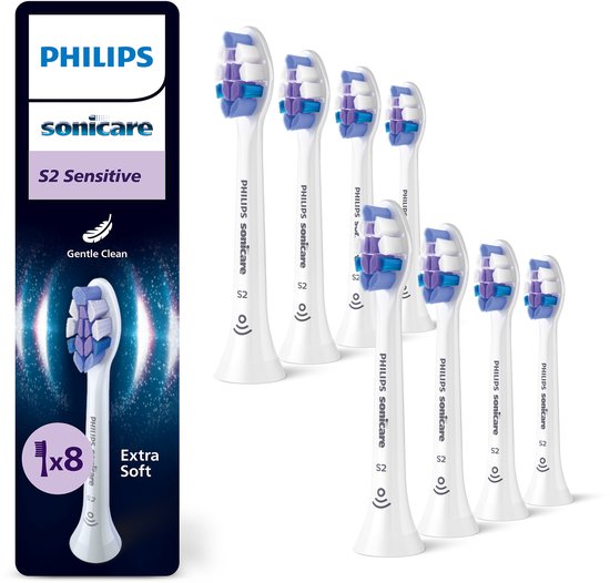 Philips Sonicare Optimal Sensitive S2 – Opzetborstels voor Elektrische Tandenborstel – Wit – Verpakking van 8 - Gevoelige tanden - HX6058/87