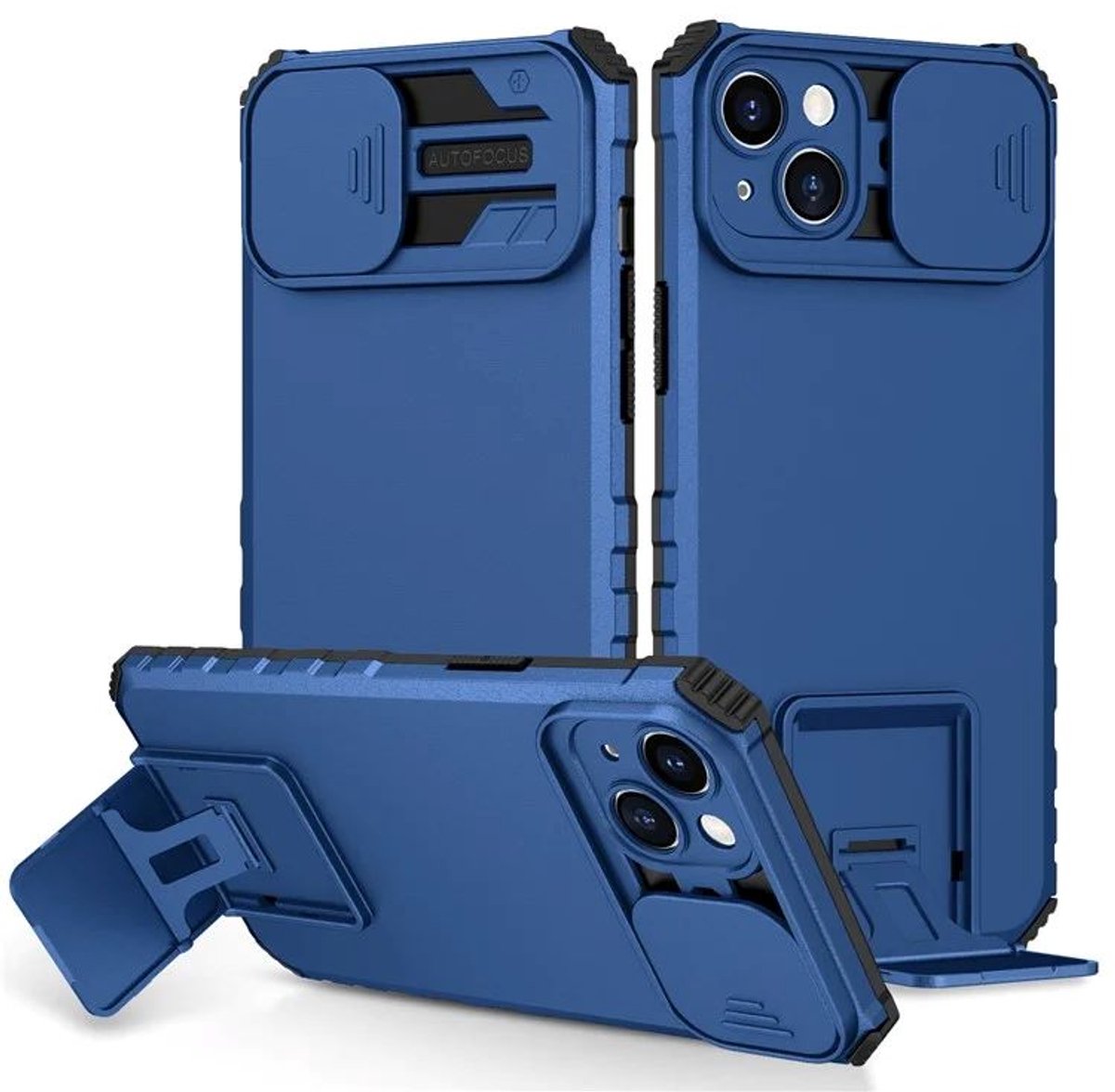 Cityhoesje - iPhone 15 Plus- Slide Camera Lid – BackCover - Anti-drop Kickstand - Blauw