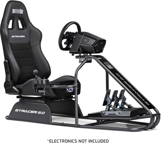 Zwarte GTRacer 2.0 cockpit met kuipstoel, stuur, pedalen en handrem. Elektronica niet inbegrepen.