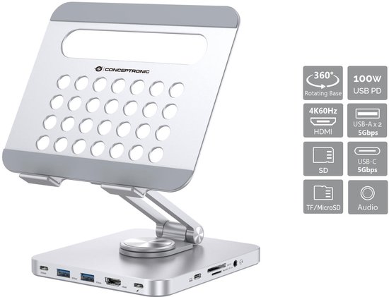 8-in-1 USB-C Dockingstation Tabletstandaard verstelbaar 360° draaibaar 4K HDMI SD MicroSD USB-A audio