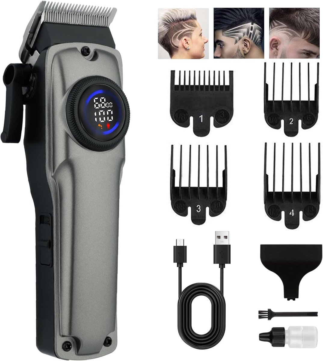 Professionele Elektrische Tondeuse voor Mannen - Draadloze Scheerapparaat met Verstelbaar T-Blade en 4 Opzetkammen