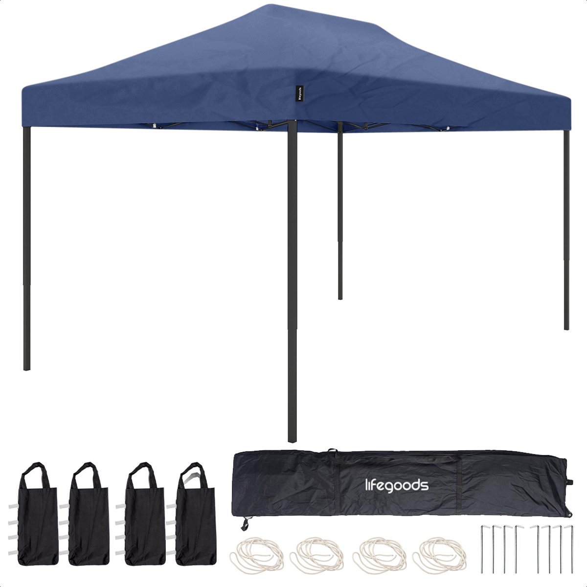 Bol.com LifeGoods Partytent - Paviljoen - 3x4.5 m - Easy Up - Opvouwbaar - Waterdicht - Draagtas met Wieltjes - Donkerblauw aanbieding
