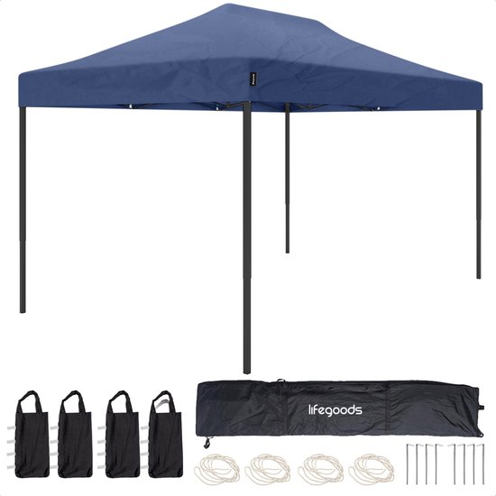 Tente de réception LifeGoods - 3x4,5 m - Easy Up - Pliable - Étanche - Sac de transport à roulettes - Bleu foncé