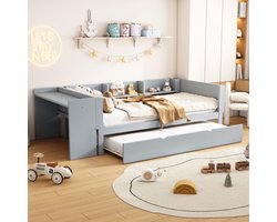 90*200cm, plat bed, met uitschuifbaar bed, met bureau, drie planken aan de zijkant van het bed, grijs