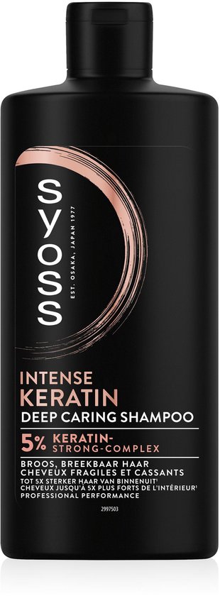 Zwarte fles Syoss Intense Keratin Deep Caring Shampoo, met opschrift "Intense Keratin Deep Caring Shampoo".