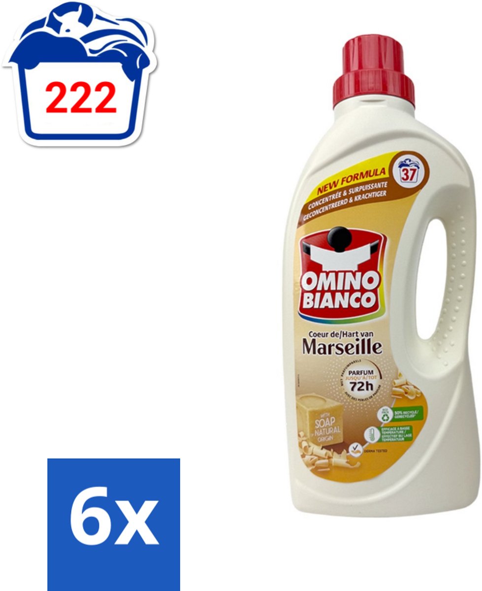 Omino Bianco - Marseille - Wasmiddel - Natuurlijke Zeep - Witte & Gekleurde Was - 37 Wasbeurten - Voordeelverpakking - 6 stuks