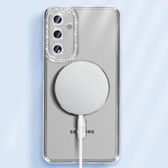 Coque avec diamants et Glitter Convient pour : Samsung Galaxy A26 - Coque MagSafe Glitter - Argent avec pierres de diamant - Glamour Case