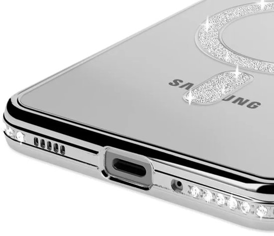 Coque avec diamants et Glitter Convient pour : Samsung Galaxy A26 - Coque MagSafe Glitter - Argent avec pierres de diamant - Glamour Case
