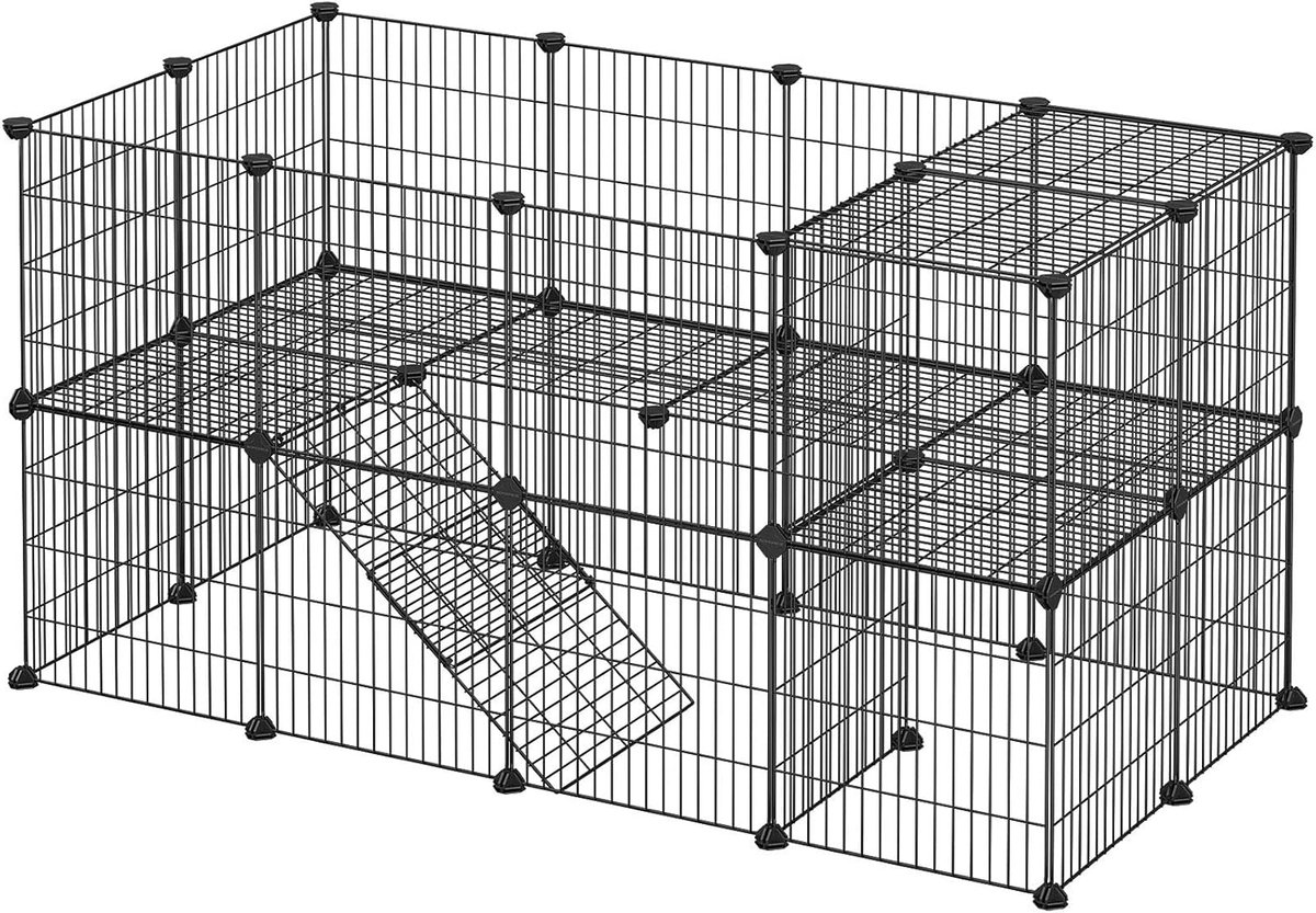 Candala kooi, 36 platen, 2 niveaus, 143 x 71 x 73 cm, box voor kleine dieren en cavia’s, incl. rubberen hamer, voor binnen, verstelbaar, individueel te monteren, zwarte
