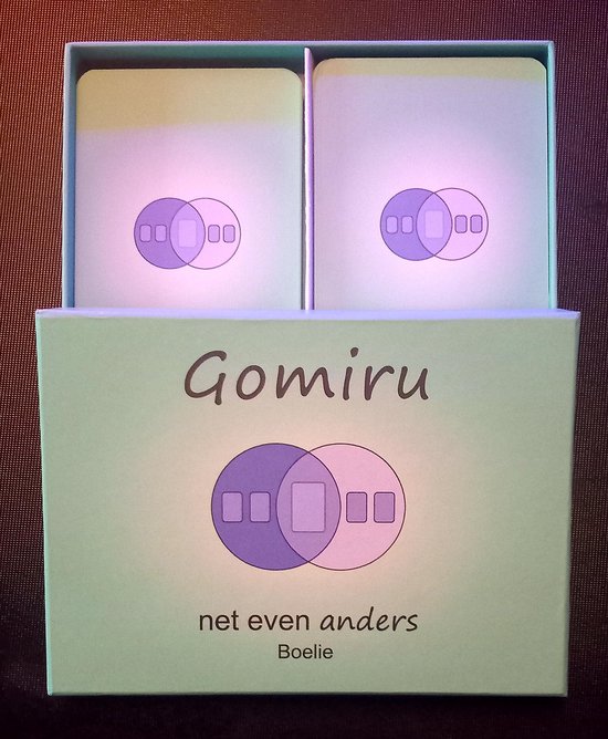 Bovenkant van de speldoos Gomiru met twee stapels kaarten. Doos is lichtgroen met 'Gomiru' en een logo met overlappende cirkels.