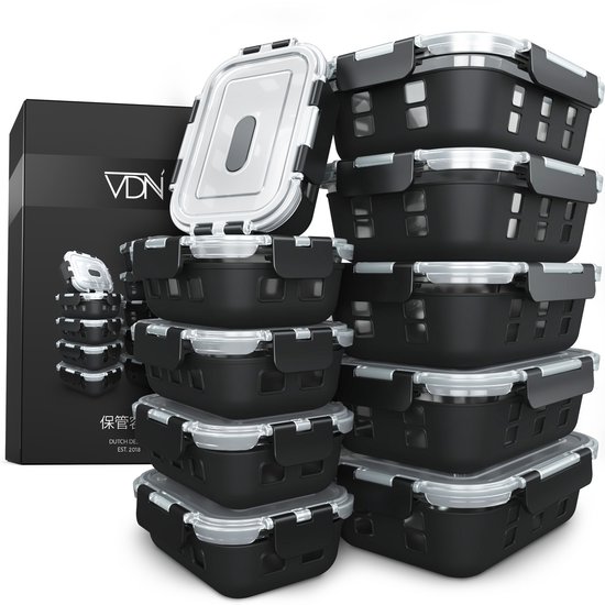 VDN Vershoudbakjes Bewaardoos Glas - 10 Delige Set - Borosilicaatglas met Silicone Sleeve - Meal Prep Bakjes - Diepvriesbakjes - Magnetronbestendig met Ventiel - 5x1040ML & 5x370ML - BPA Vrij - Luchtdicht met Deksel