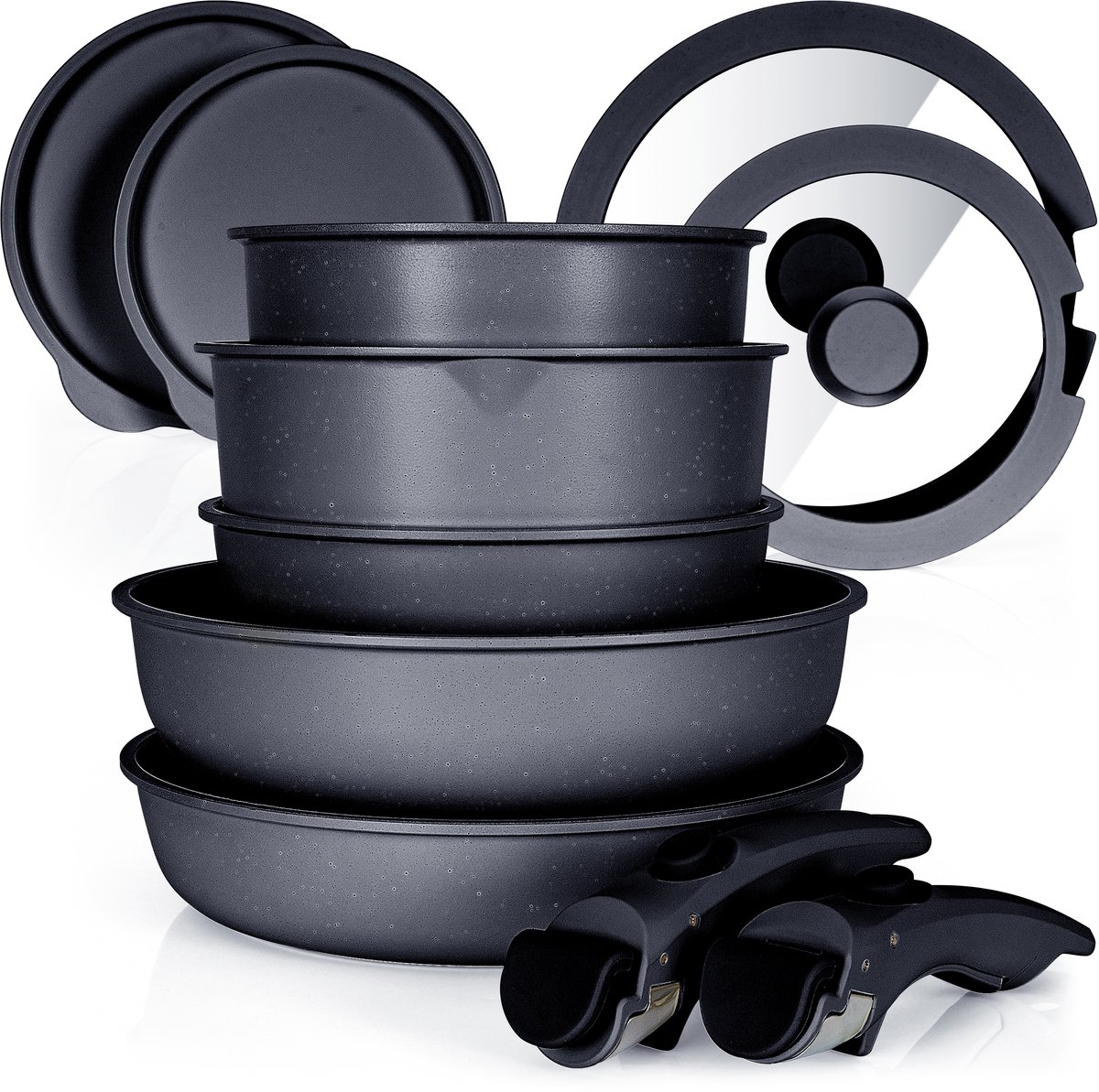 Glissimo Cookware - 15-delige Keramische Pannenset Zwart - Afneembare Handgreep - Non-stick - Pannenset -Geschikt voor alle warmtebronnen - PFAS vrij - BPA vrij -Anti Baklaag - Stapelbaar