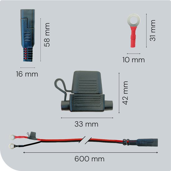 Afmetingen van SAE-kabel: 60 cm lang, met 16 mm brede connector en 31 mm ringterminals.