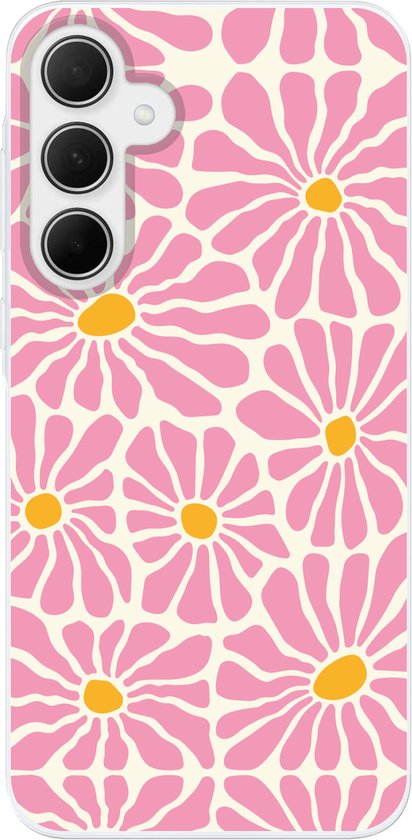 Telefoonhoesje Geschikt voor Samsung Galaxy A35 hoesje - Bloemen - Patroon - Roze - Beige - Oranje - Siliconen Telefoonhoesje Telefoonhoesje
