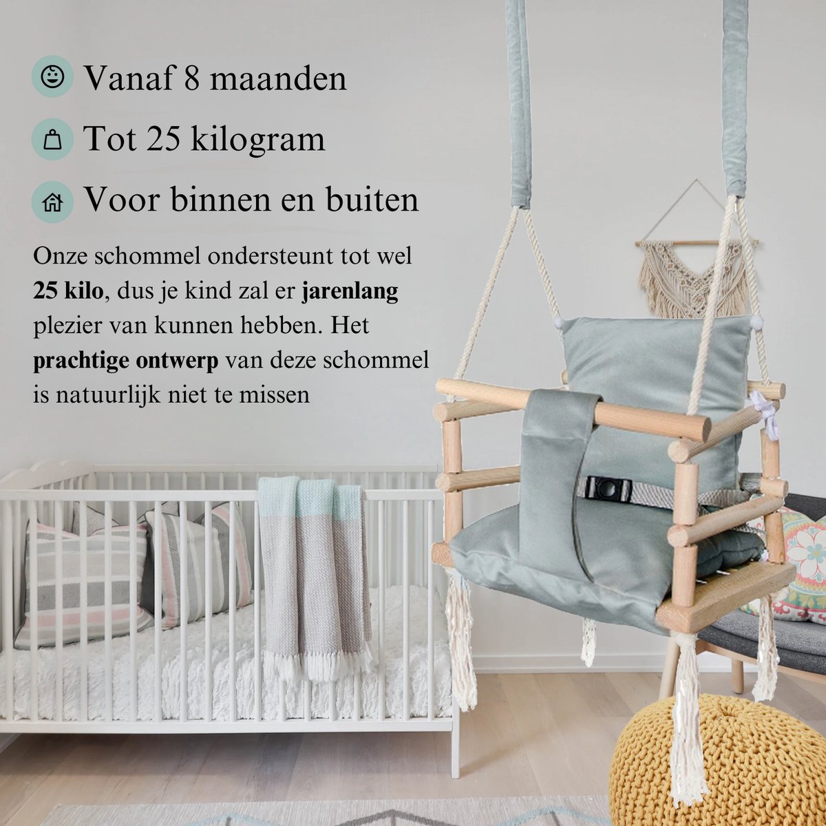 Luxe houten 3 in 1 grijze meegroei baby schommel en Kinder schommel grijs – Baby swing – Schommel die meegroeit met je kindje - Schommelstoel - Schommels - Handgemaakt — afbeelding 10