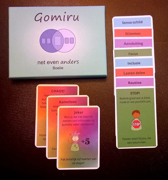 Spel Gomiru met doos, kaartjes en stapel instructies. Kaartjes hebben kleuren en teksten zoals 'CHAOS!', 'Kameleon', 'Joker' en 'STOP!'.