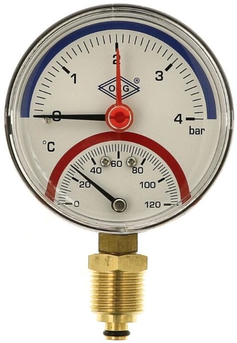 Thermo-Manometer Verwarming 0-4bar, 20-120°C, 80mm, radiaal 1/2