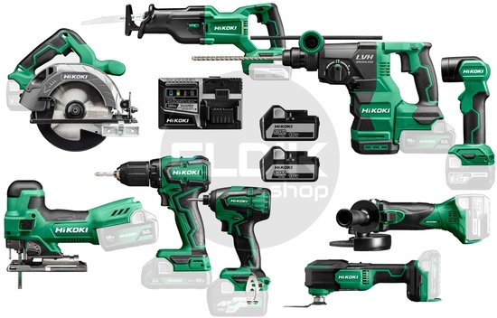 Een set HiKOKI elektrisch gereedschap in groen en zwart, waaronder een cirkelzaag, reciprozaag, klopboormachine en meer.