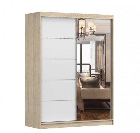 Houten schuifdeurkast met spiegeldeur en witte panelen. Interieur zichtbaar met legplanken en kledingroede.
