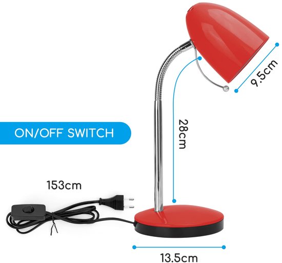 Een rode bureaulamp met afmetingen en details zoals de aan/uit-schakelaar en de lengte van de stroomkabel.