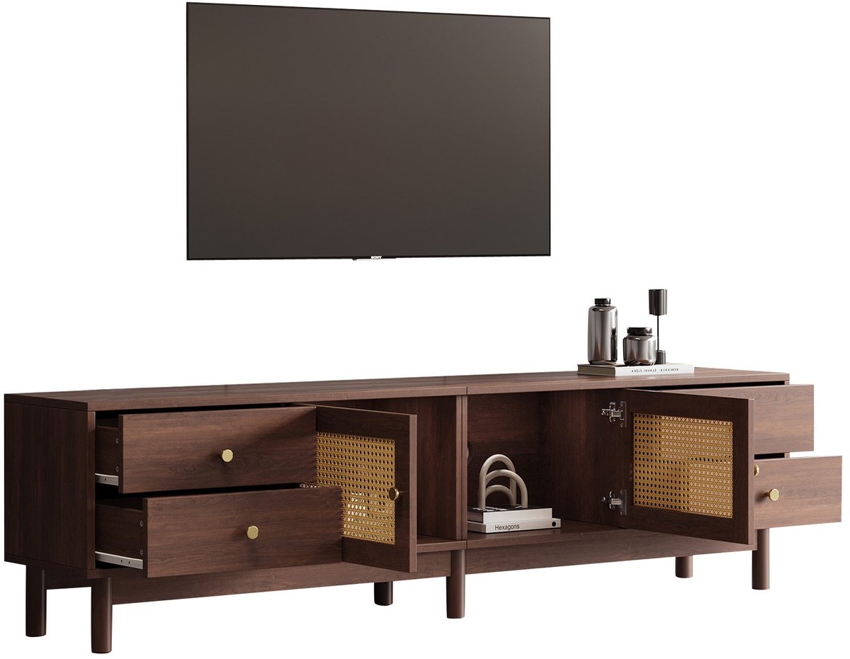 Merax TV-meubel 180 cm – Modern design in donkere houtlook met rattan deuren - 4 lades en 