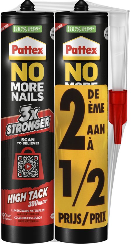 Twee Pattex "NO MORE NAILS" High Tack kit tubes in plastic verpakking. Links 'NO MORE NAILS', rechts '2 1/2 PRIJS'.