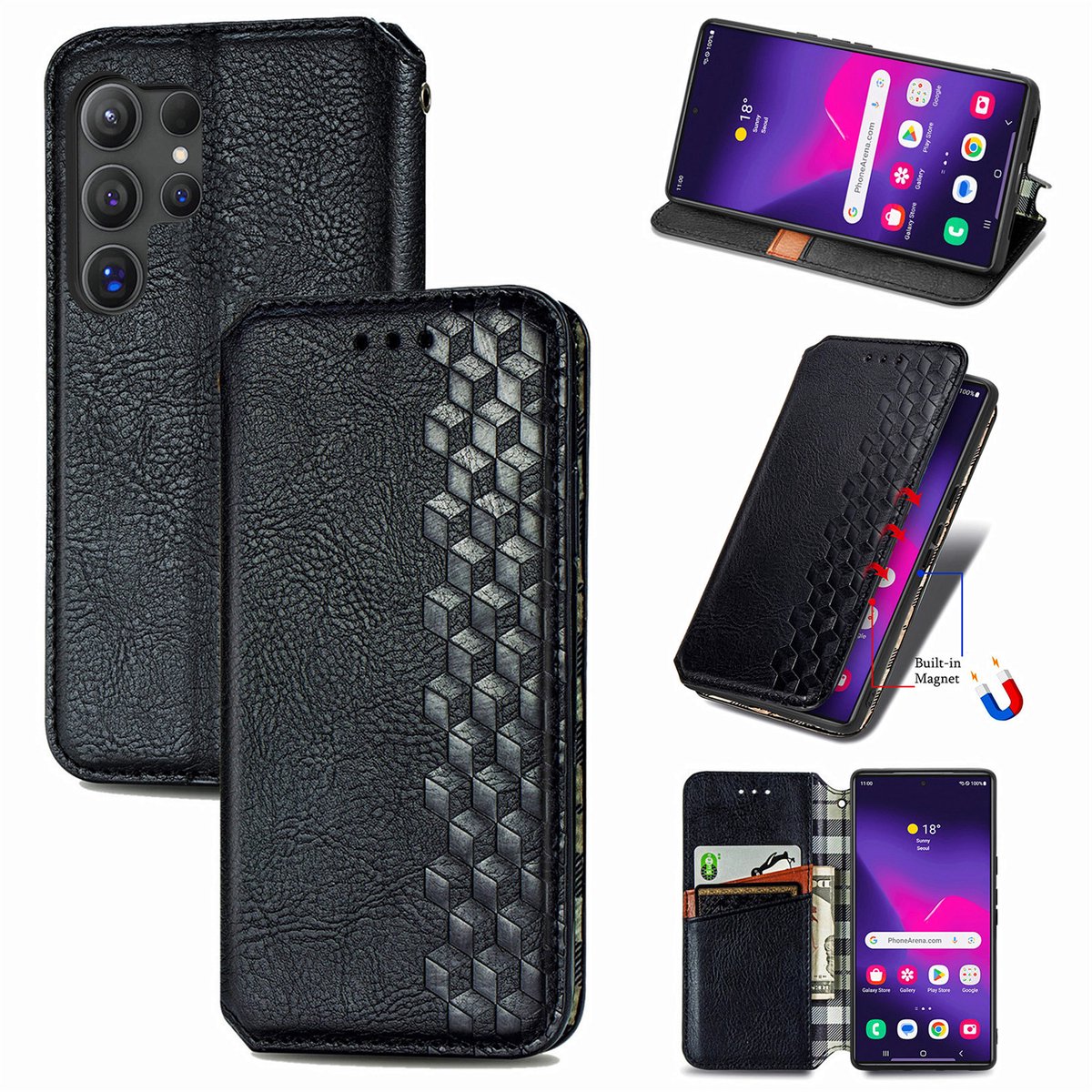 Luxe PU Lederen Ruitpatroon Wallet Case + Screenprotector voor Galaxy S24 Ultra _ Zwart