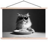 Posterhanger incl. Poster 90x60 cm - Schoolplaat - Langharige kat - Zonnebril - Spaghetti - Humor - Zwart - wit - Textielposter - Blanke latten
