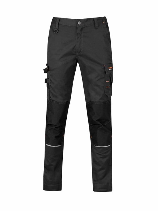 Pantalon de travail noir avec poches cargo, genoux renforcés, détails réfléchissants et surpiqûres orange.